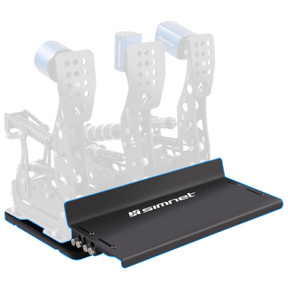 A black pedal baseplate and heel rest designed for SimNet SP PRO LC pedals, featuring adjustability in height and angle.