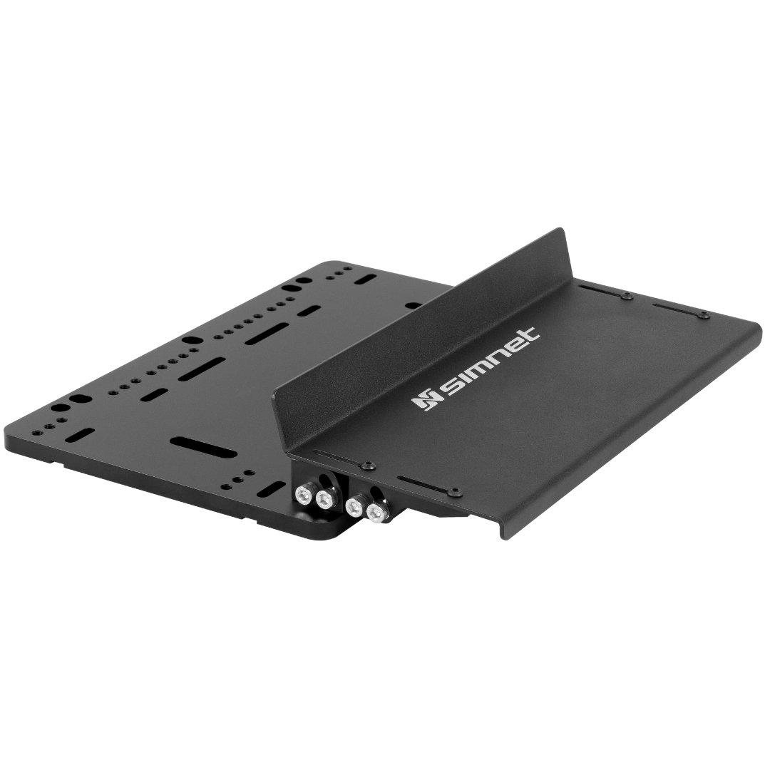 Black metal bracket with adjustable arm on white background