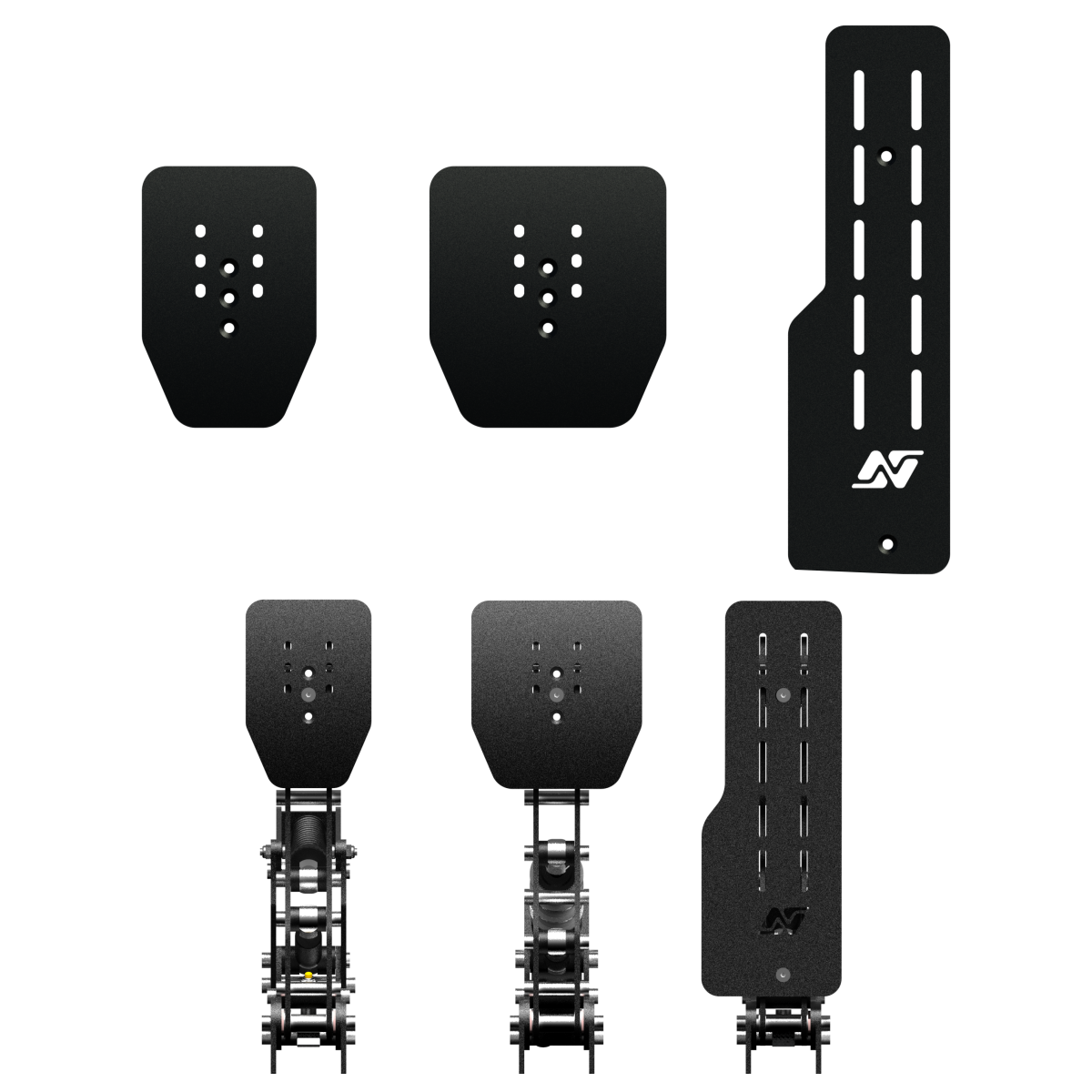 Set of black ski binding components on a white background