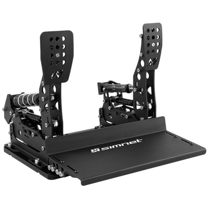 A set of SimNet SP Pro Loadcell 3 Pedals for sim racing, featuring a black design with adjustable pedals and a control box.