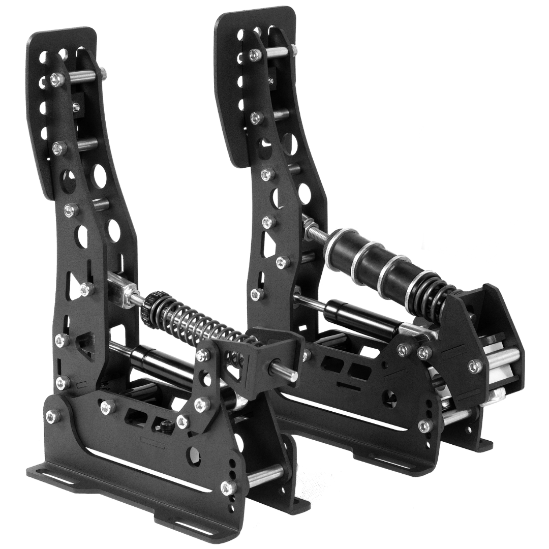 A set of black SimNet SP Pro Loadcell Pedals for sim racing, including brake, throttle, and clutch pedals with adjustable settings.