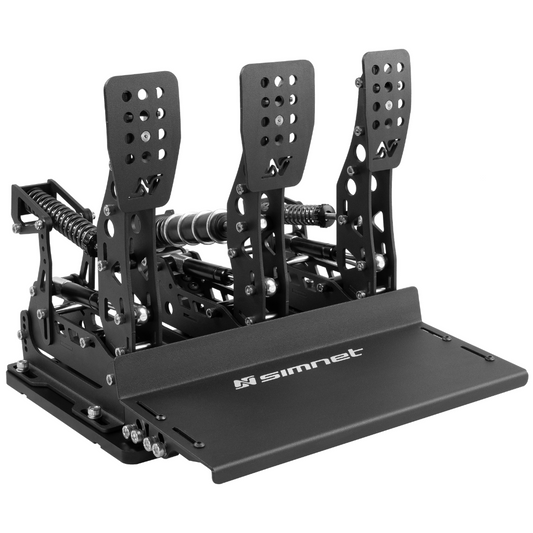 A set of SimNet SP Pro Loadcell 3 Pedals for sim racing, featuring a black design with adjustable pedals and a control box.
