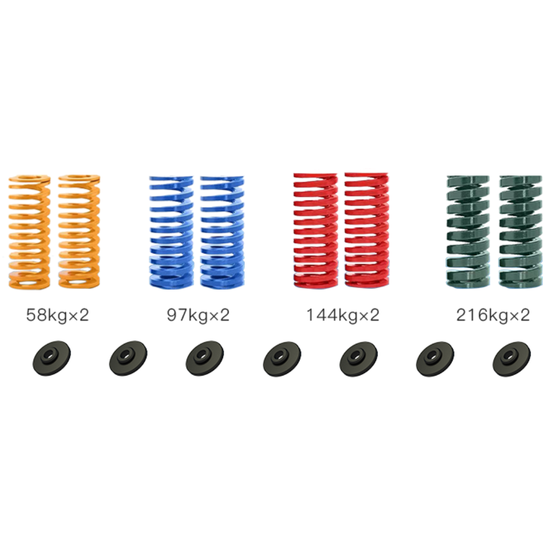 A set of four spring and spacer kits for SimNet SP-PRO pedals, featuring springs in yellow, blue, red, and green colors, each paired with black spacers.