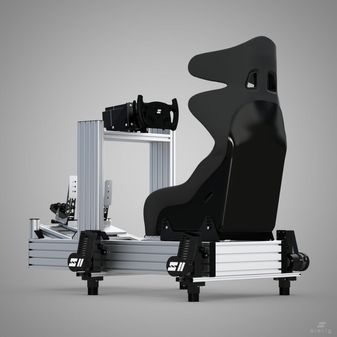 Black racing seat with a silver metal frame on a gray background