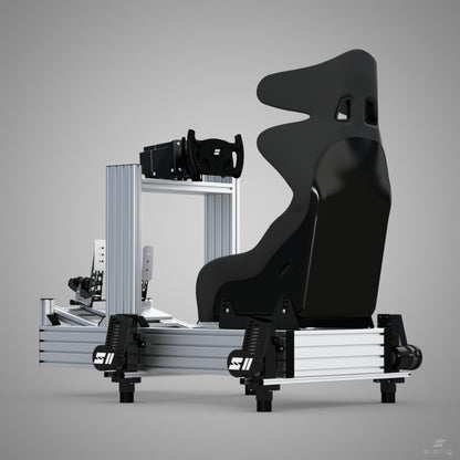 Black racing seat with a silver metal frame on a gray background