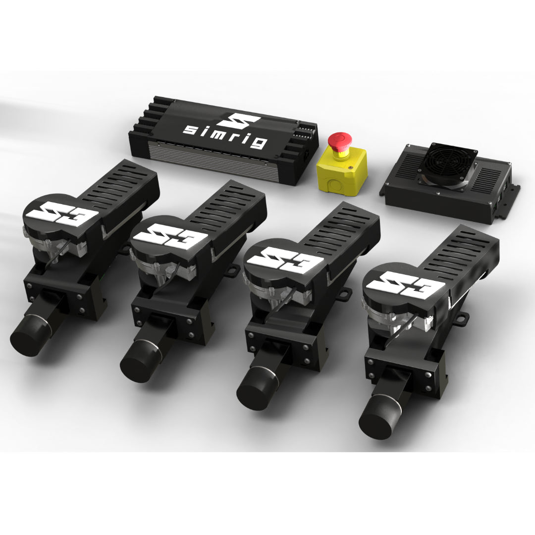 Set of black mechanical devices with 'simrig' branding on a white background