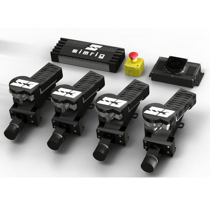 Set of black mechanical devices with 'simrig' branding on a white background