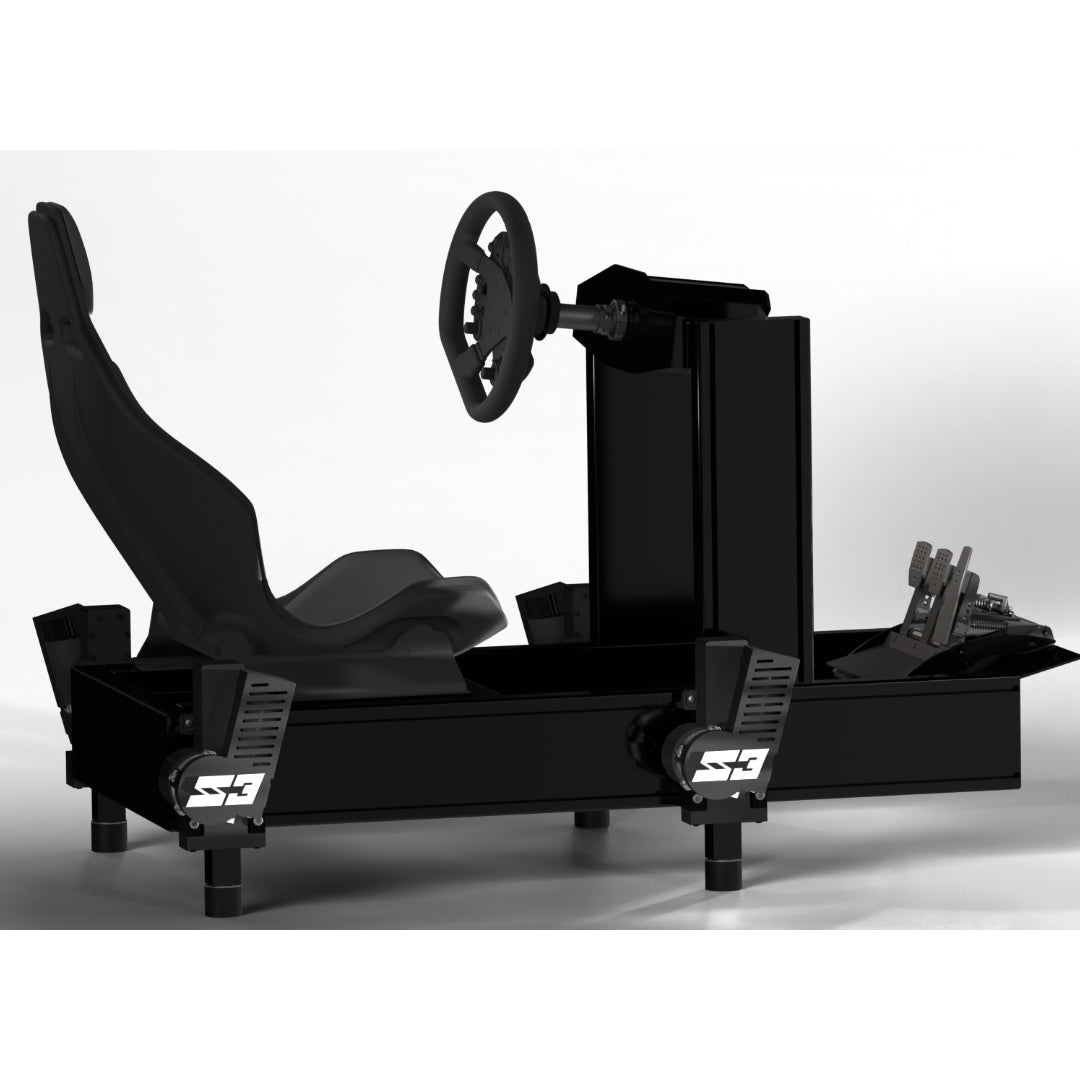 Black racing simulator seat and steering wheel setup on a white background