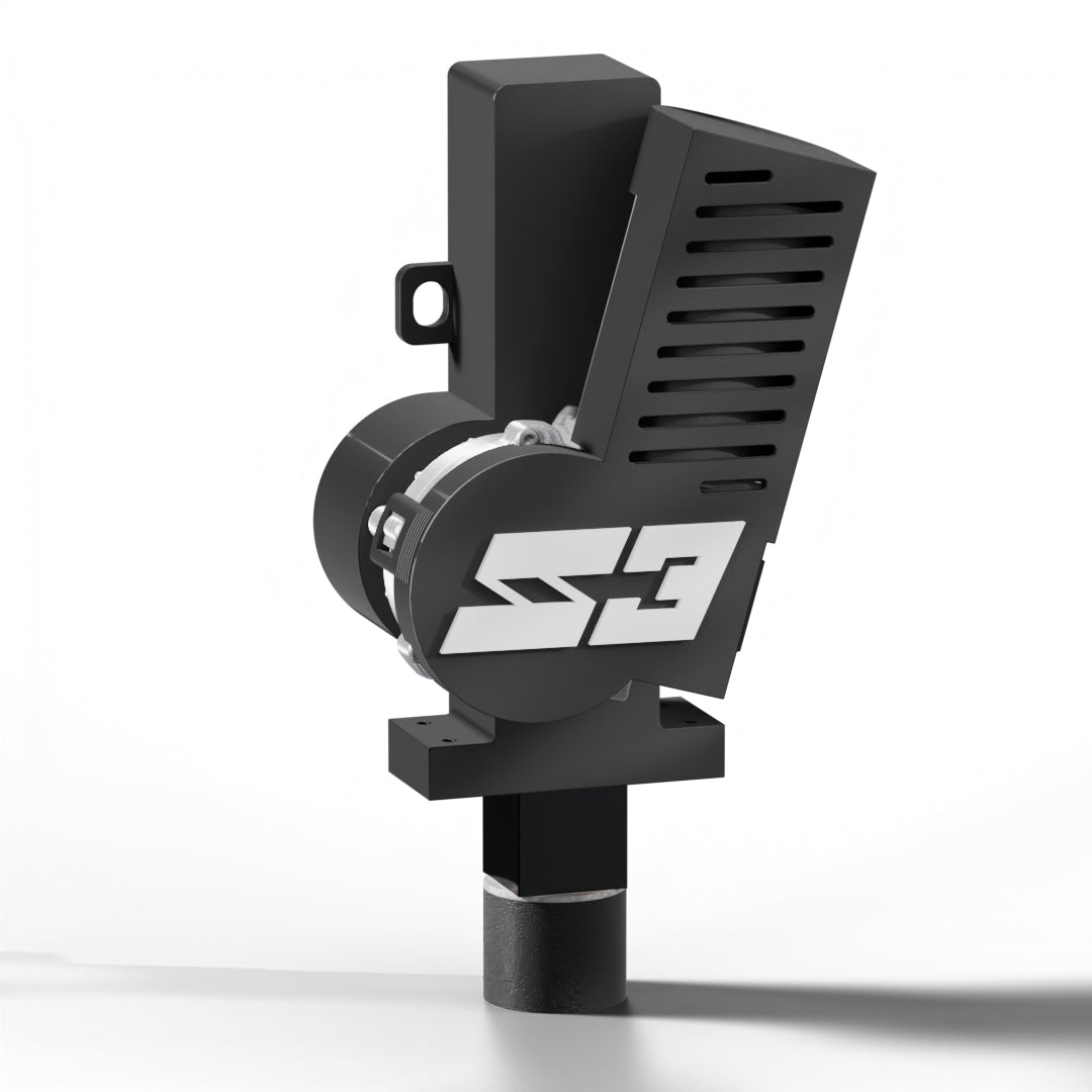 Black mechanical component with 'S3' branding on a white background