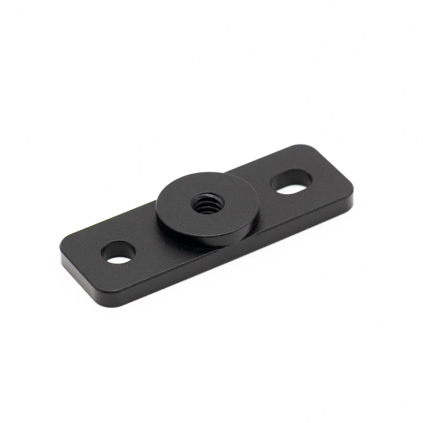 Black metal bracket with threaded center on a white background