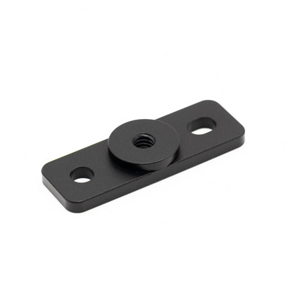 Black metal bracket with threaded center on a white background