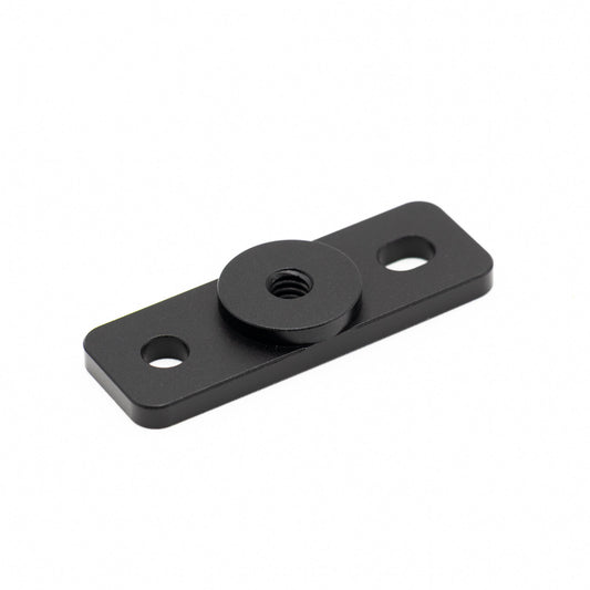 Black metal bracket with threaded center on a white background