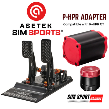 Asetek Sim Sports P-HPR adapter with pedals and other components on a white background