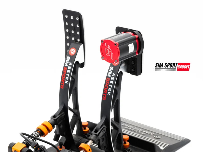 Sim racing pedals with 'Simester' branding on a white background