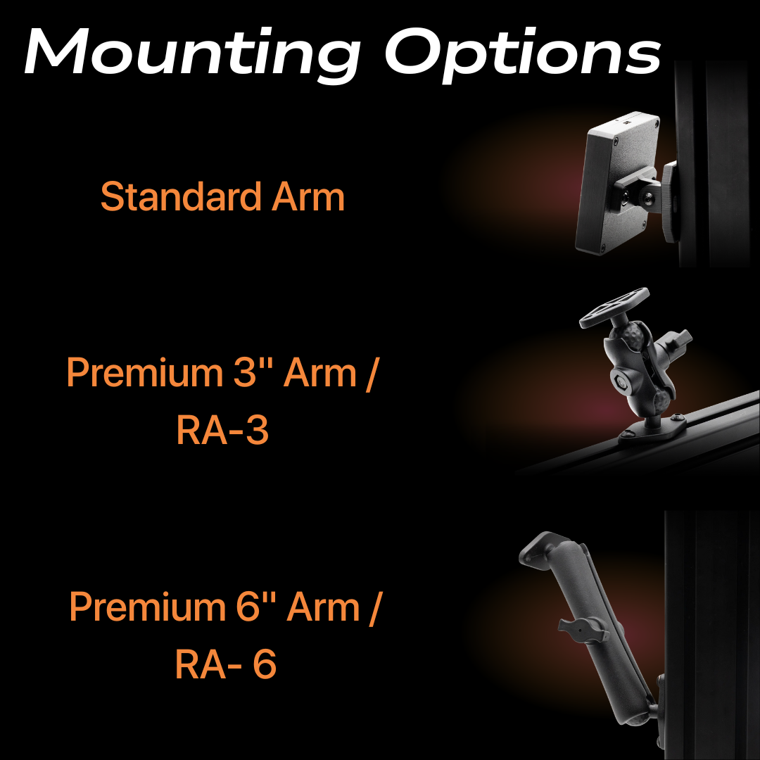 Illustration of different mounting arms with labels on a black background