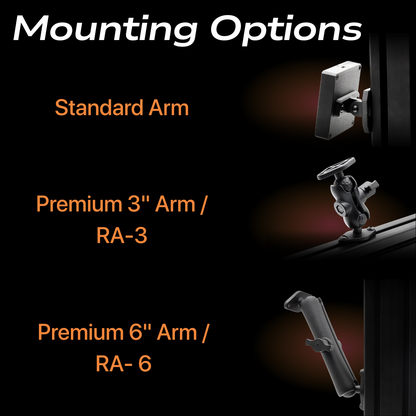Illustration of different mounting arms with labels on a black background