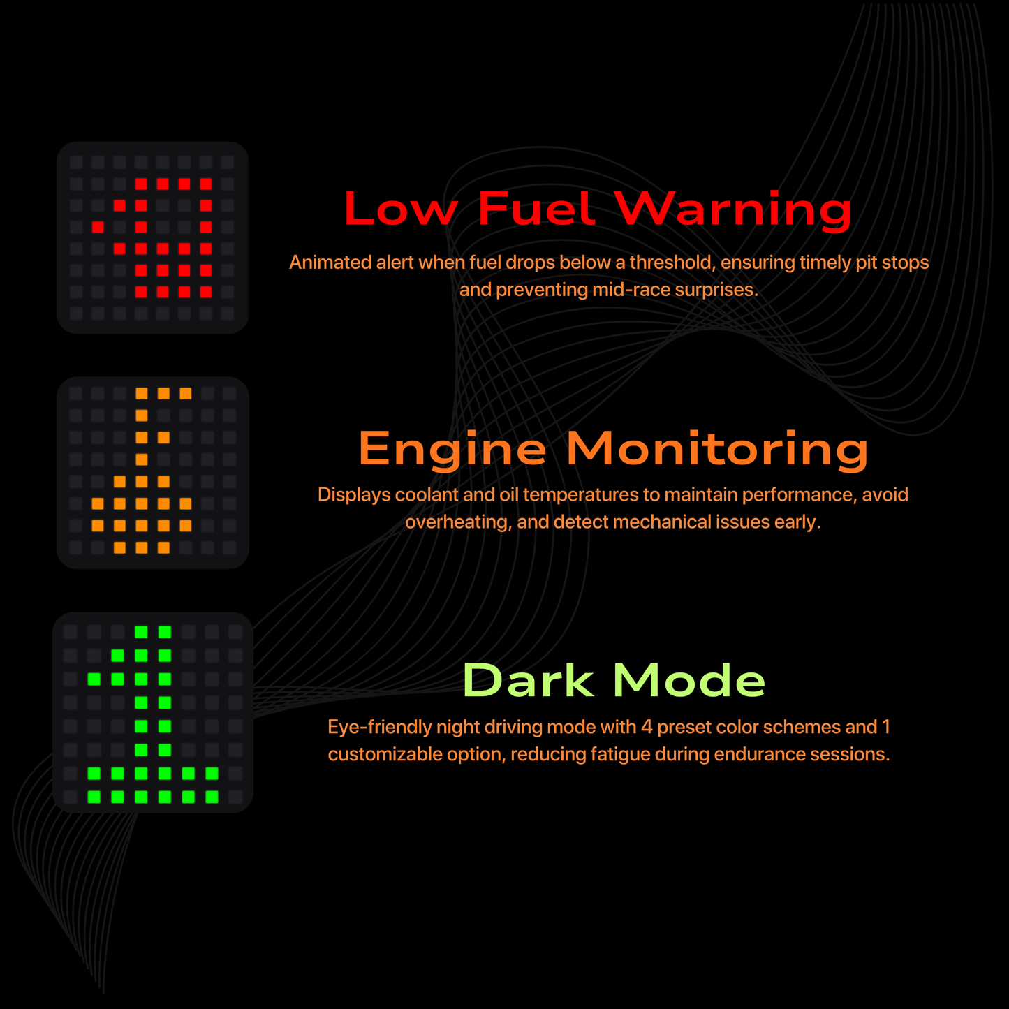 Display of digital alerts for low fuel warning, engine monitoring, and dark mode on a black background.