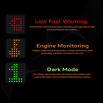 Display of digital alerts for low fuel warning, engine monitoring, and dark mode on a black background.