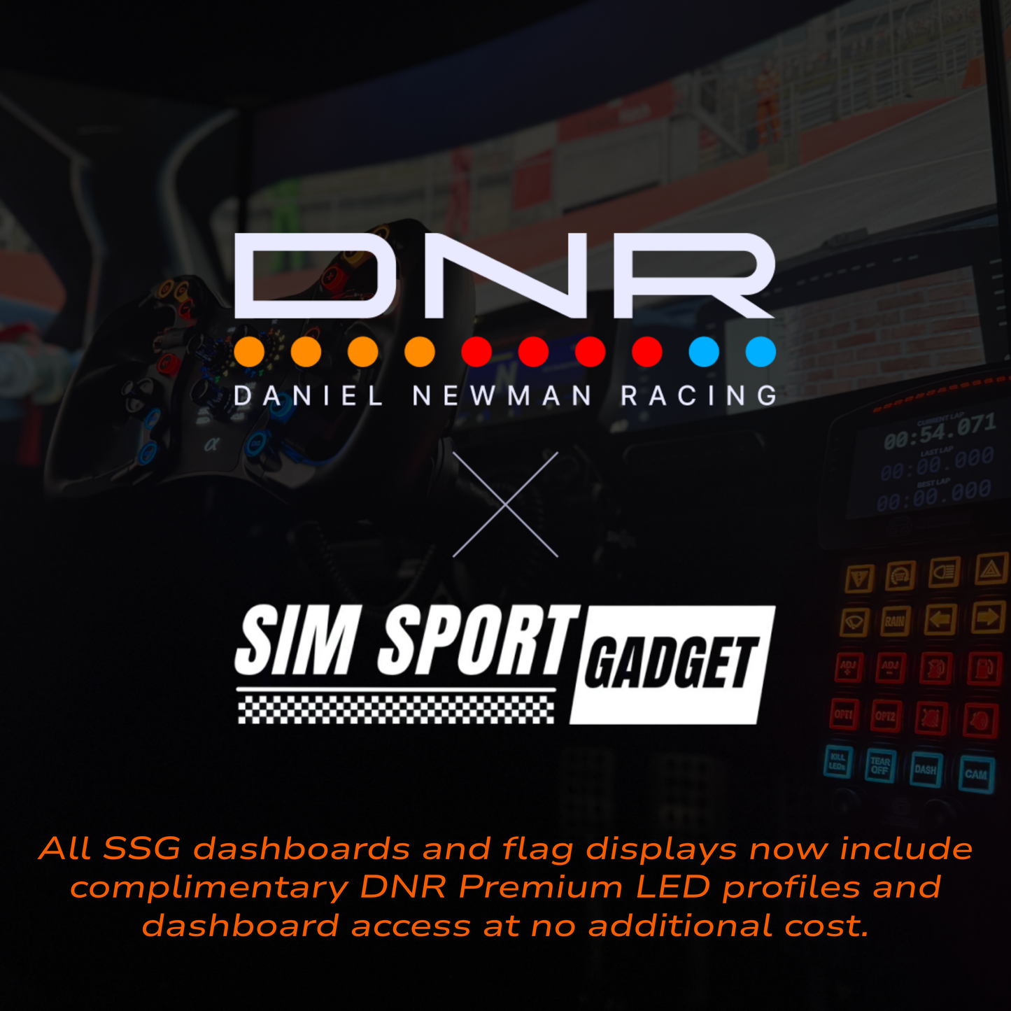 Advertisement for Daniel Newman Racing and Sim Sport Gadget with dashboard and flag display text.