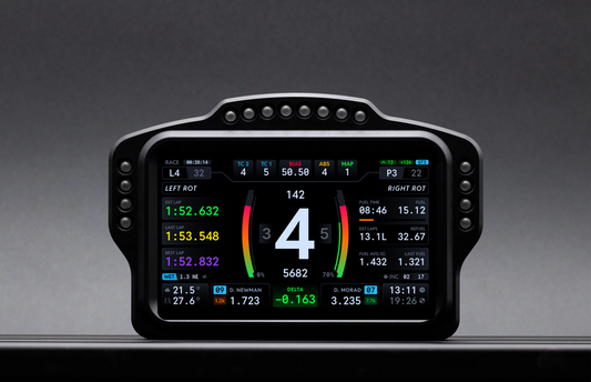 Digital display with racing metrics on a gray background