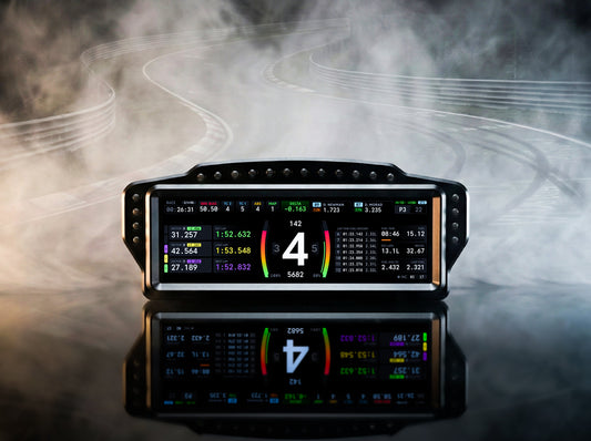 Digital display with racing information on a reflective surface with a blurred track background
