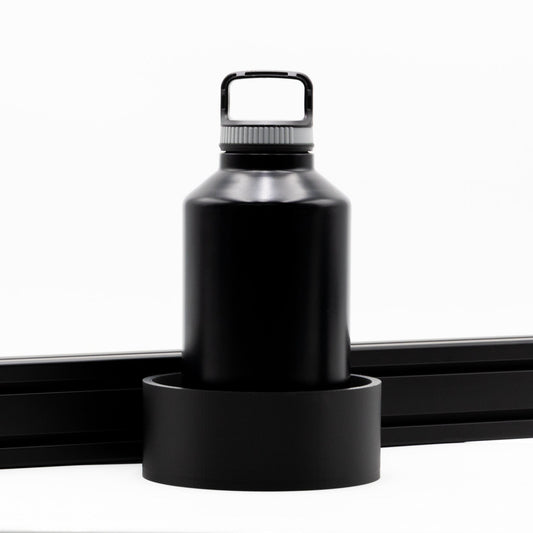 SimSportGadget Extra-Large 64oz Water Bottle Holder – front mounting view for simulator rig