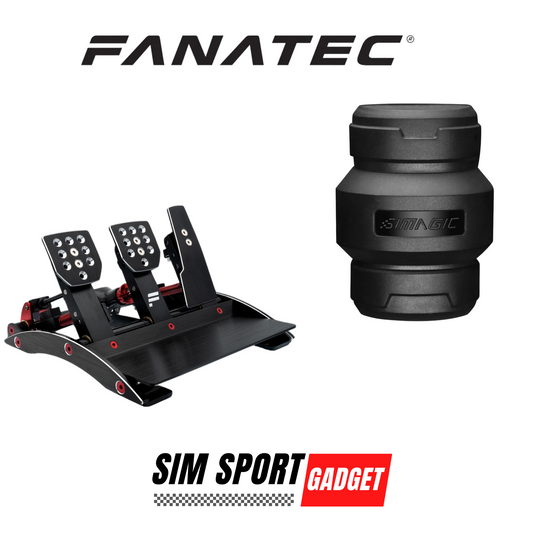 Fanatec racing simulator pedals and wheel on a white background with Sim Sport Gadget branding.