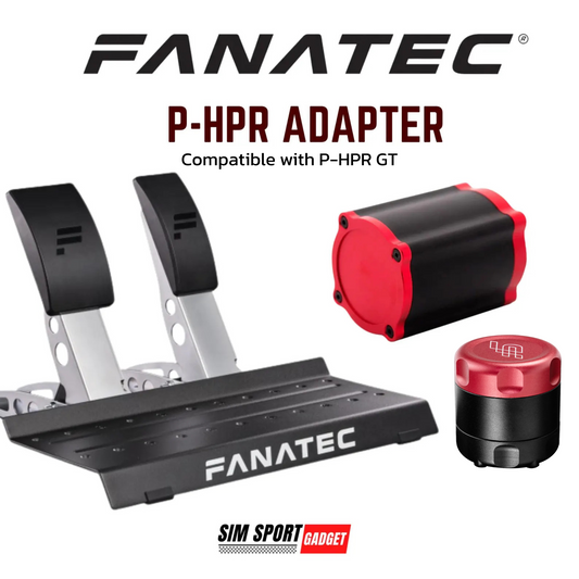 Fanatec P-HPR adapter set with pedals and pedals box on a white background