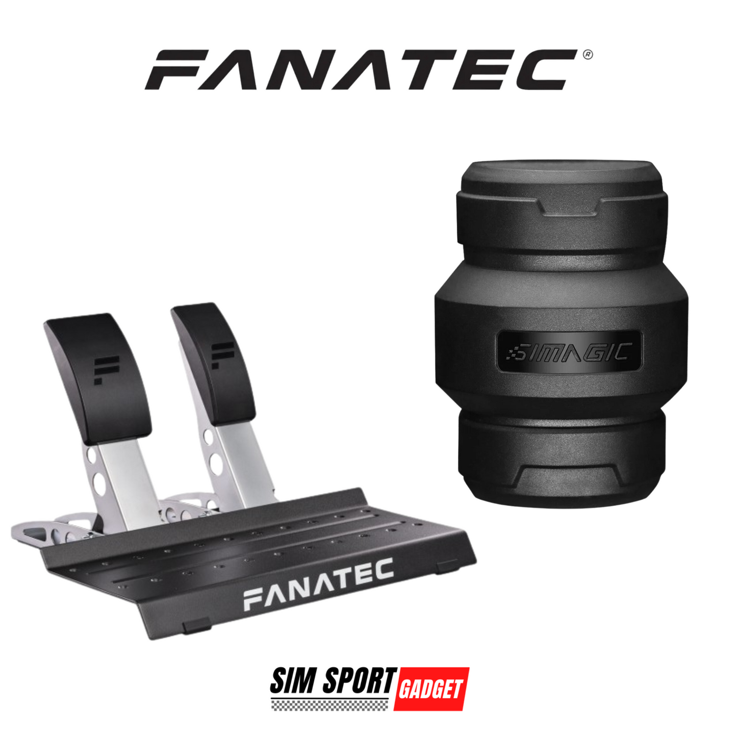 Fanatec steering wheel and pedals on a white background with Simagic branding.