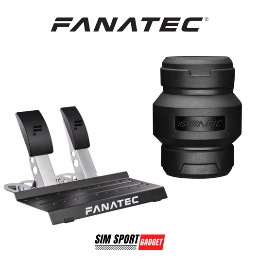 Fanatec steering wheel and pedals on a white background with Simagic branding.