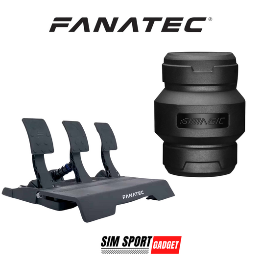 Fanatec racing wheel base and steering wheel on a white background with Sim Sport Gadget branding.