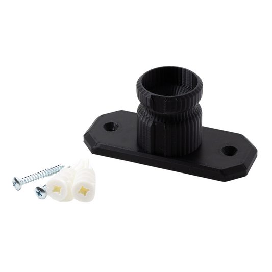 Black metal bracket with screws on a white background