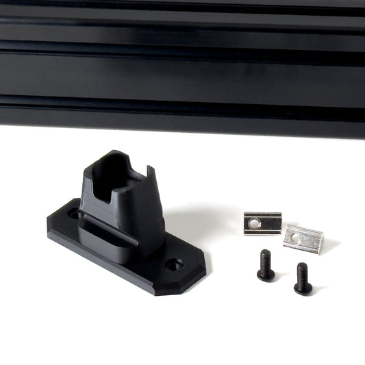 Black metal bracket with screws on a white background