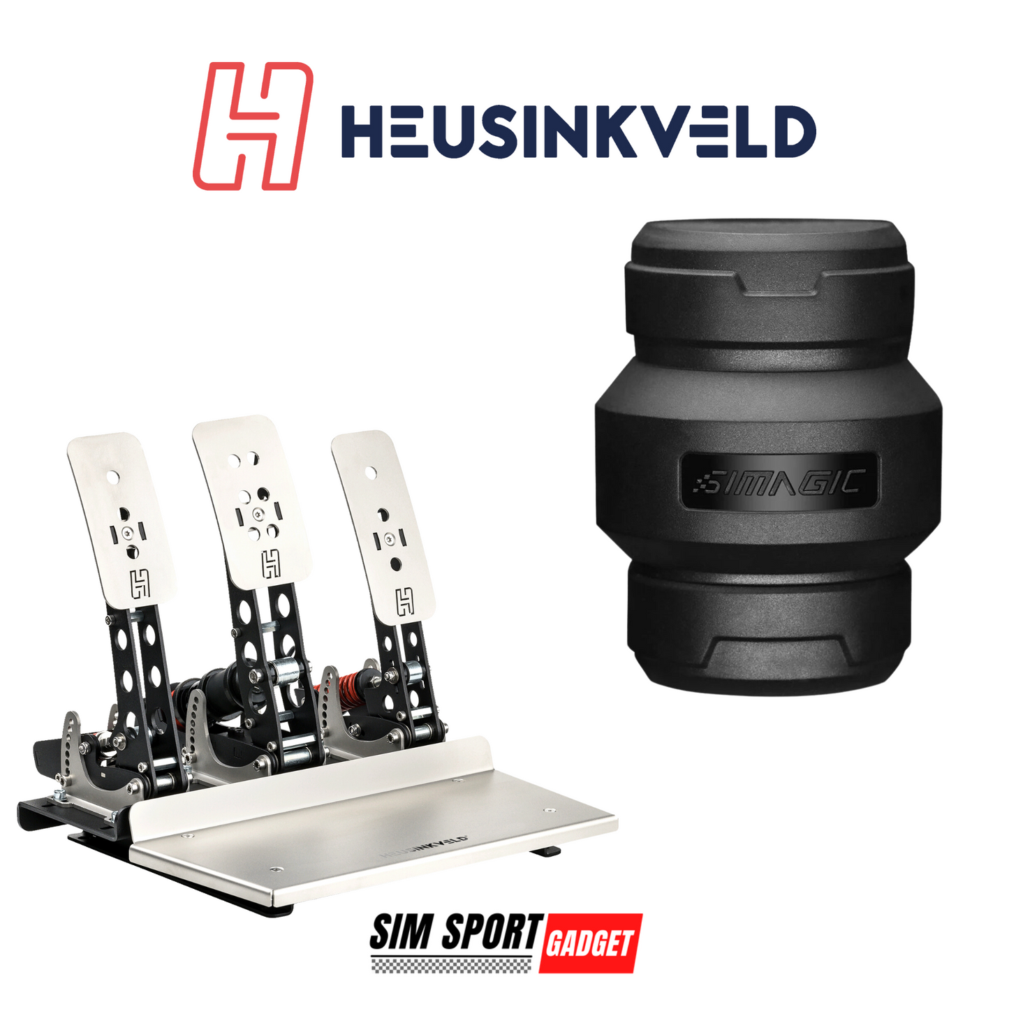 Sim racing pedals and a black component with 'Heusinkveld' and 'SIM Sport Gadget' branding on a white background.