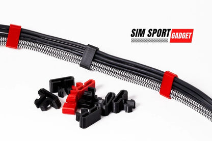SIM Sport Gadget cable management system with black and red clips on a white background