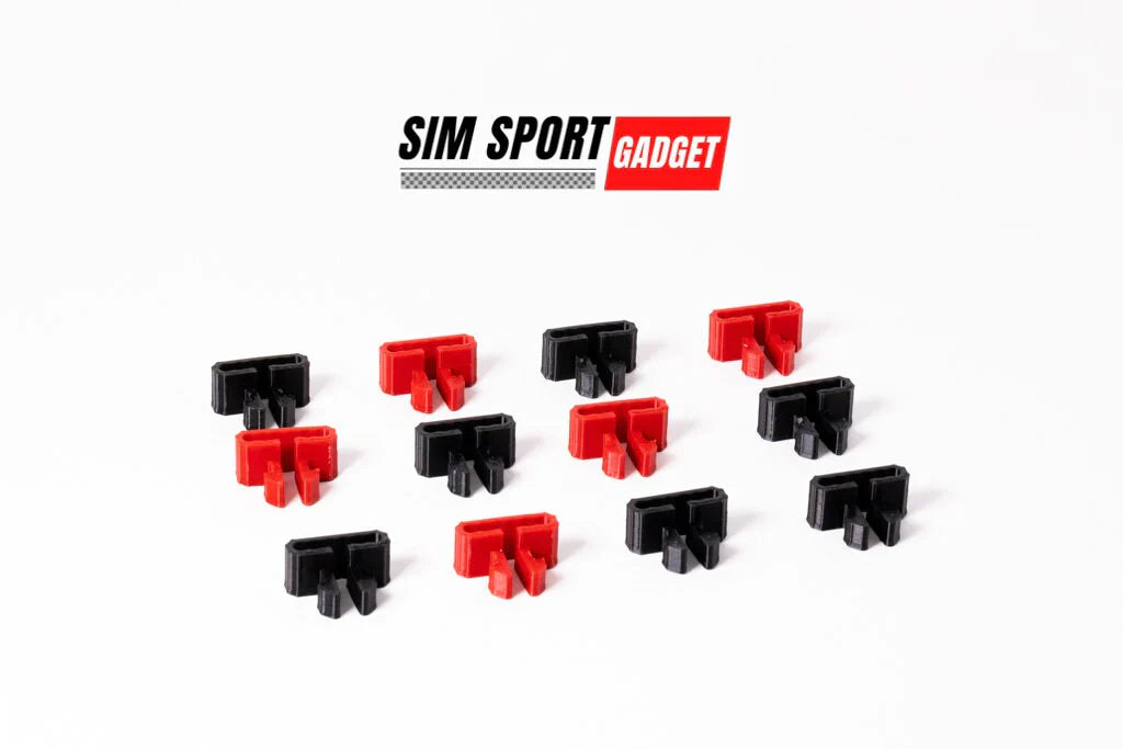 Set of black and red SIM Sport gadget components on a white background with brand name.