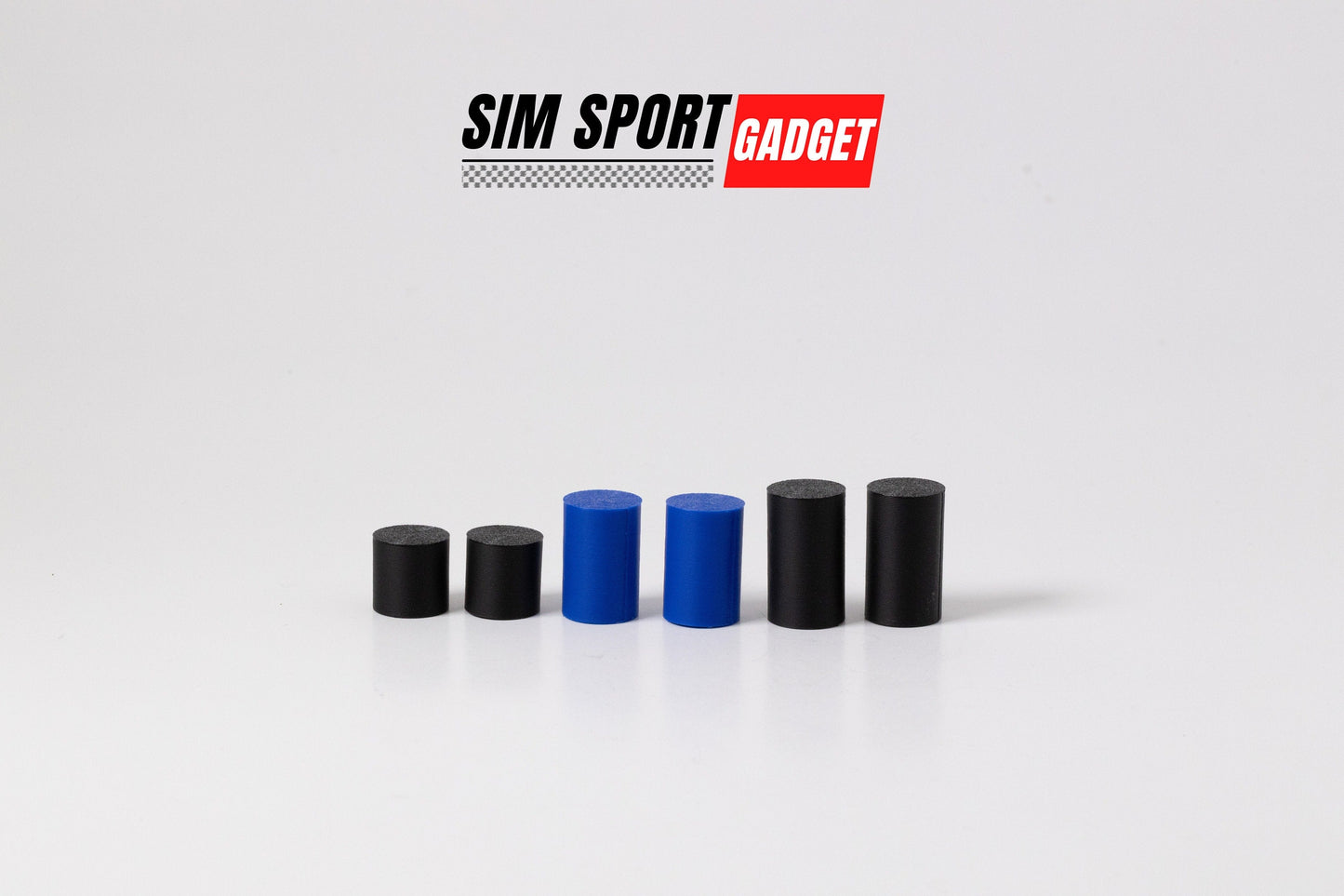 Five cylindrical objects, three black and two blue, arranged on a white surface with 'SIM Sport Gadget' branding above.