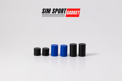 Five cylindrical objects, three black and two blue, arranged on a white surface with 'SIM Sport Gadget' branding above.