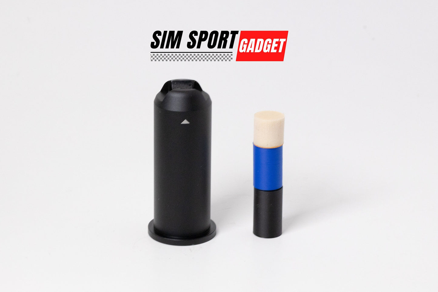 Two cylindrical objects, one black and one blue with a white cap, on a white background with 'SIM Sport Gadget' branding.