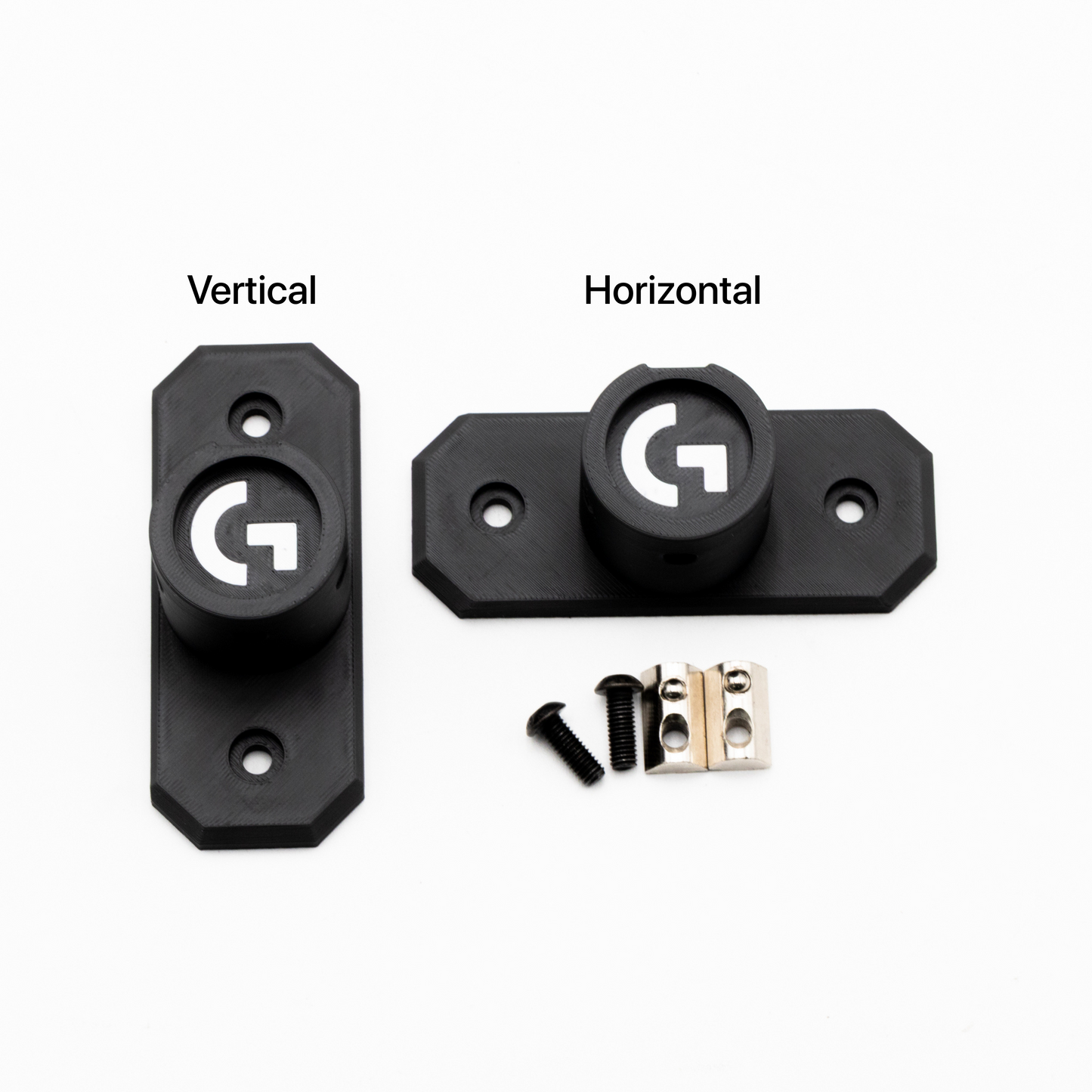 Black metal brackets with screws on a white background