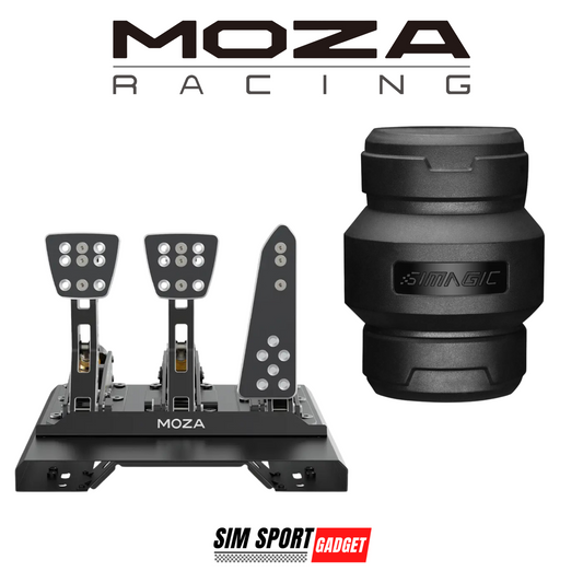 MOZA Racing simulation hardware with 'Sim Sport Gadget' branding on a white background