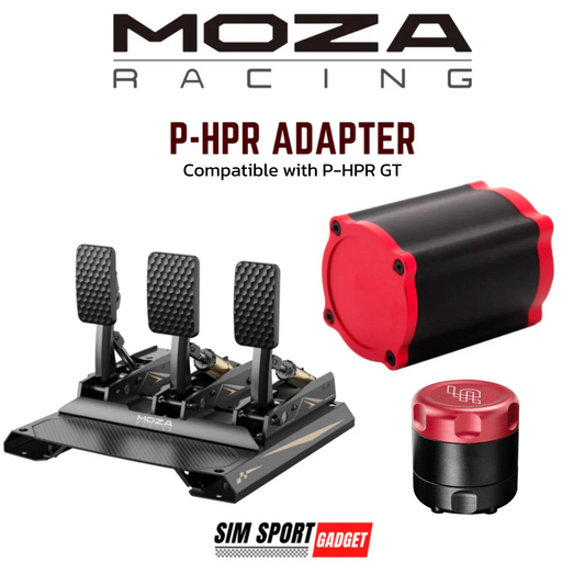 MOZA Racing P-HPR Adapter with simulation pedals and red component on a white background