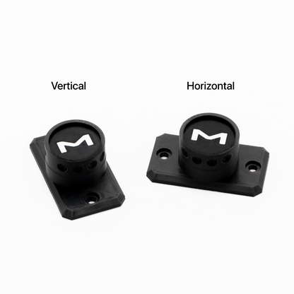 Two black camera mount brackets labeled 'Vertical' and 'Horizontal' on a white background.