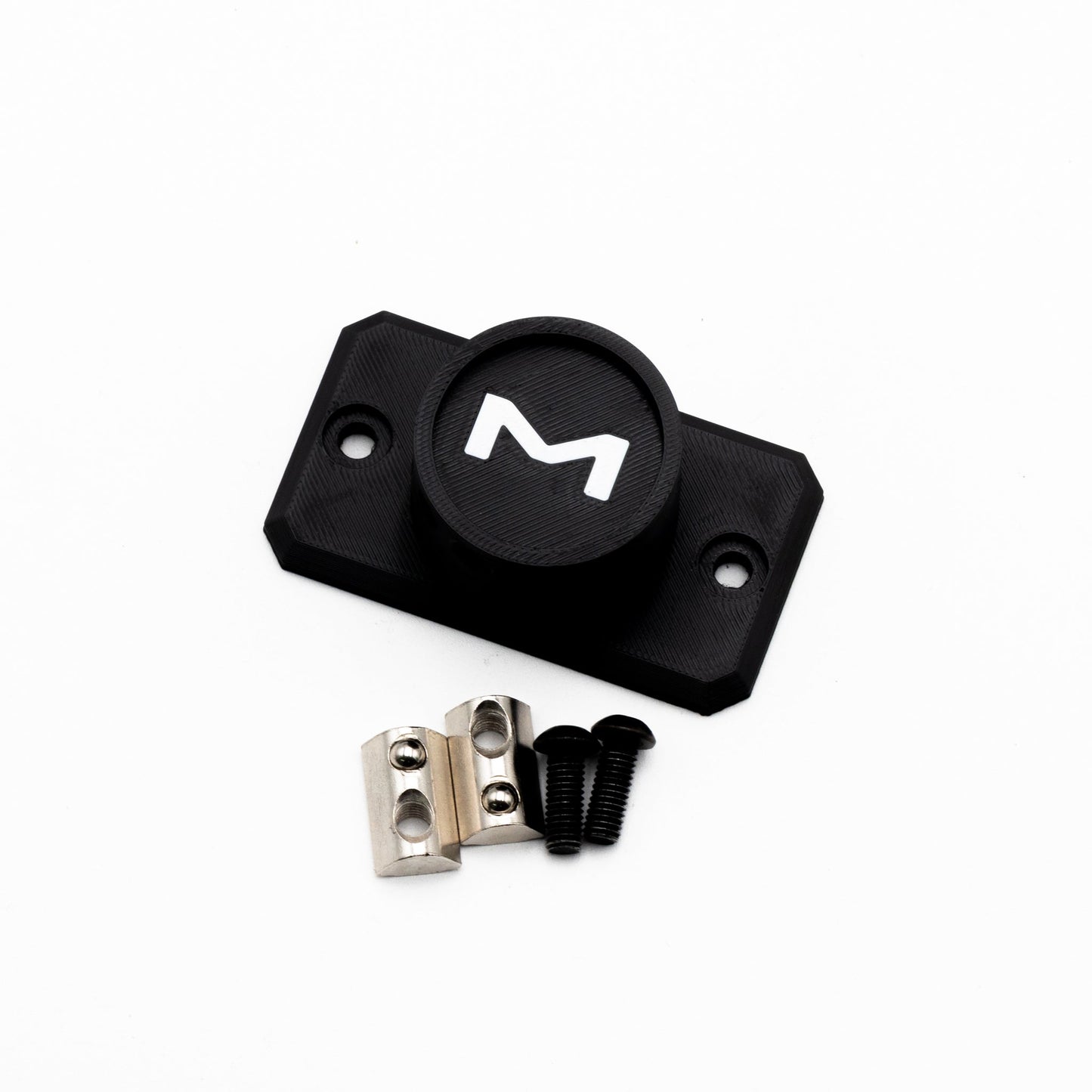 Black metal bracket with screws on a white background
