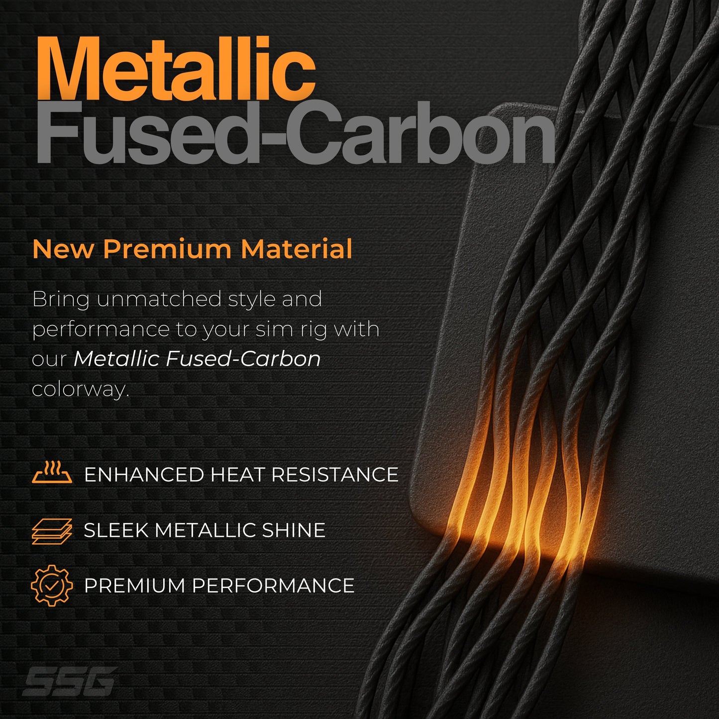 Metallic fused carbon material with text highlighting features on a dark background