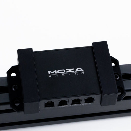 Black electronic module with 'Moza Racing' logo on a white background