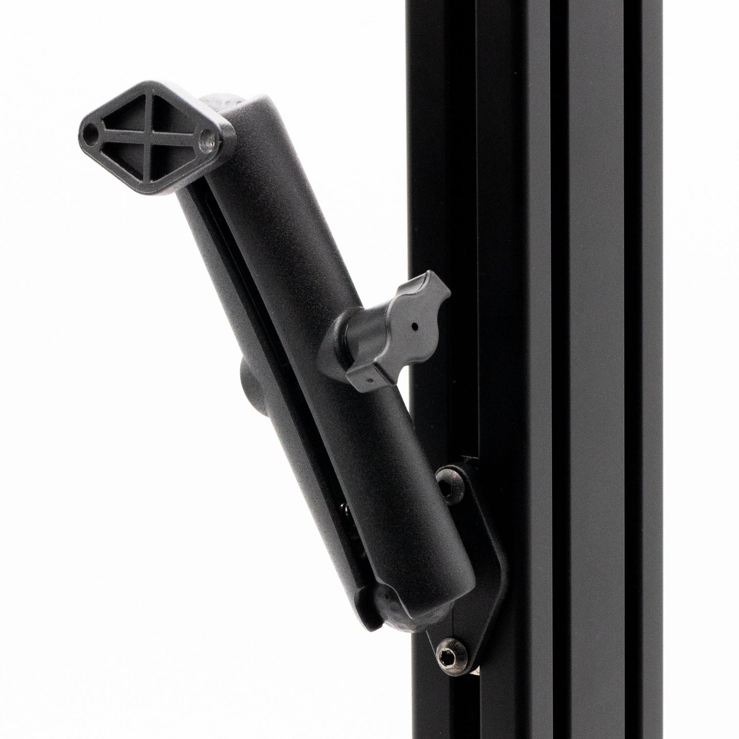 Black metal bracket attached to a black metal frame on a white background