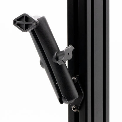 Black metal bracket attached to a black metal frame on a white background