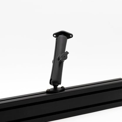 Black roof rack bar with mounting bracket on a white background