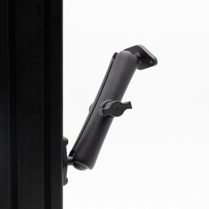 Black metal bracket attached to a black panel on a white background